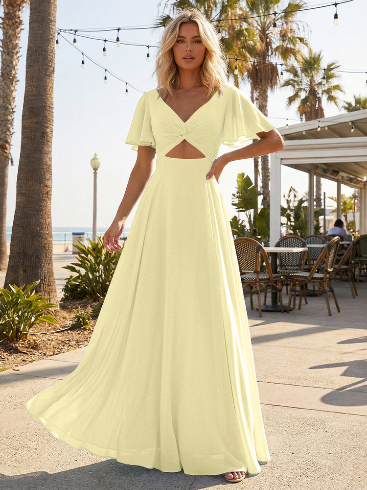 Chiffon A Line Short Sleeves Cut Out Long Bridesmaid Dresses