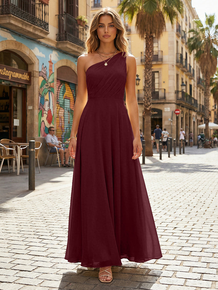 Chiffon A Line One Shoulder Long Bridesmaid Dresses