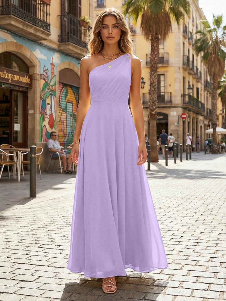 Chiffon A Line One Shoulder Long Bridesmaid Dresses
