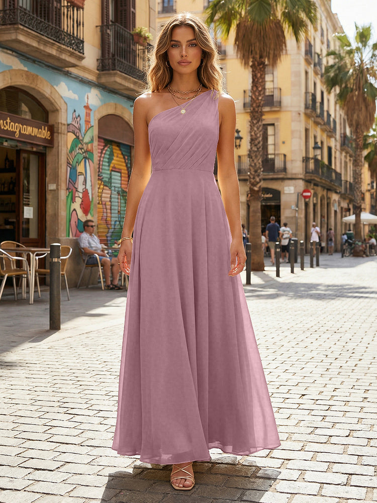 Chiffon A Line One Shoulder Long Bridesmaid Dresses