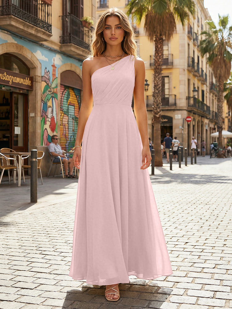 Chiffon A Line One Shoulder Long Bridesmaid Dresses