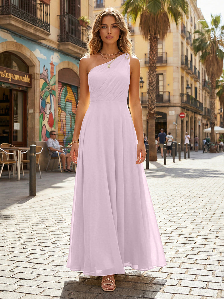 Chiffon A Line One Shoulder Long Bridesmaid Dresses
