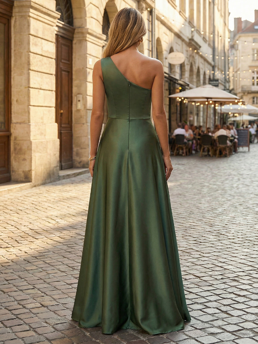 Satin A Line One Shoulder Long Bridesmaid Dress