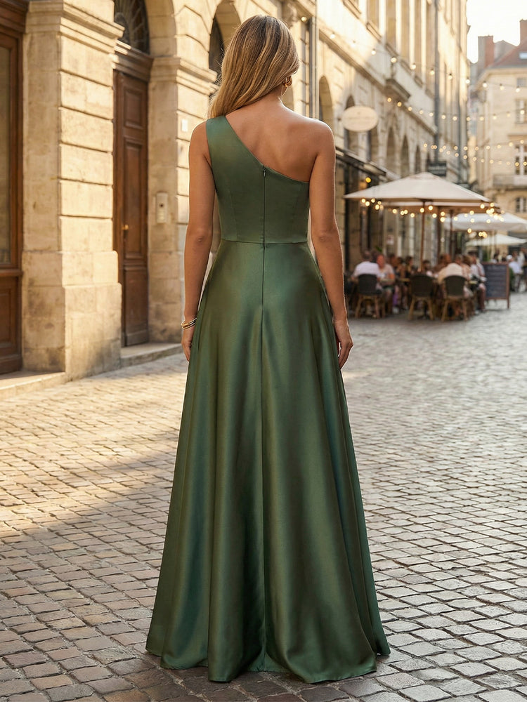 Satin A Line One Shoulder Long Bridesmaid Dresses