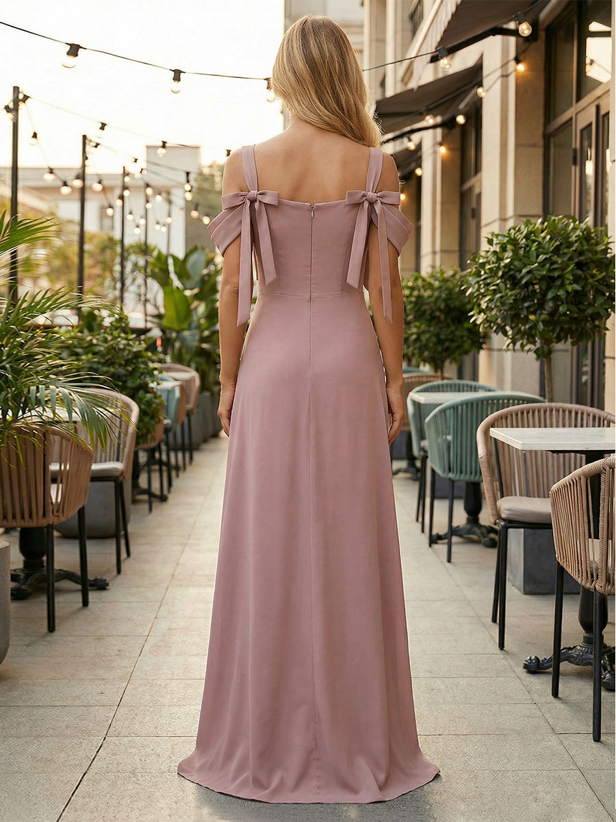 Satin A Line Off Shoulder Long Bridesmaid Dress