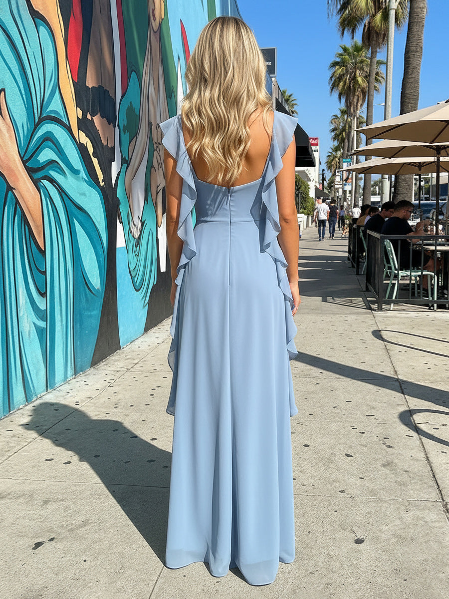 Chiffon Ruffles A Line Spaghetti Straps Long Bridesmaid Dress