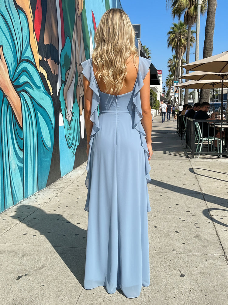 Chiffon Ruffles A Line Spaghetti Straps Long Bridesmaid Dresses