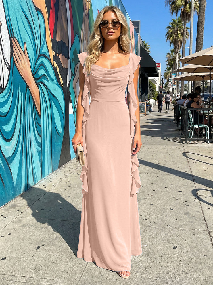 Chiffon Ruffles A Line Spaghetti Straps Long Bridesmaid Dresses