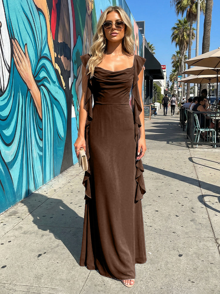 Chiffon Ruffles A Line Spaghetti Straps Long Bridesmaid Dresses
