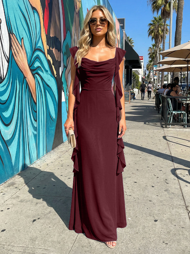 Chiffon Ruffles A Line Spaghetti Straps Long Bridesmaid Dresses