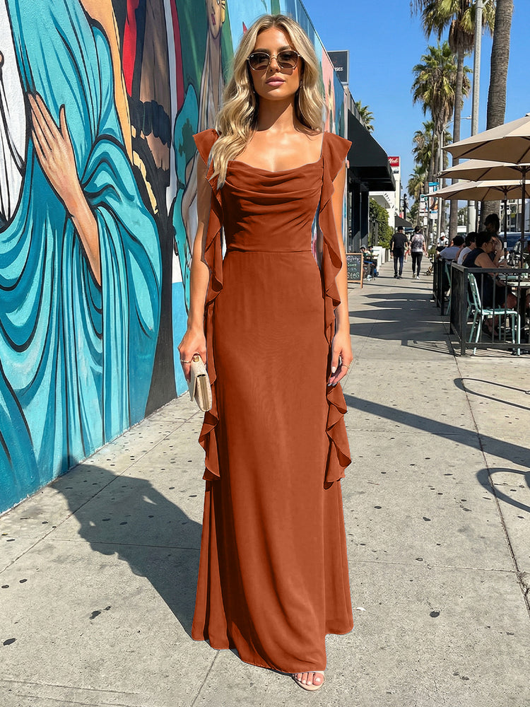 Chiffon Ruffles A Line Spaghetti Straps Long Bridesmaid Dresses