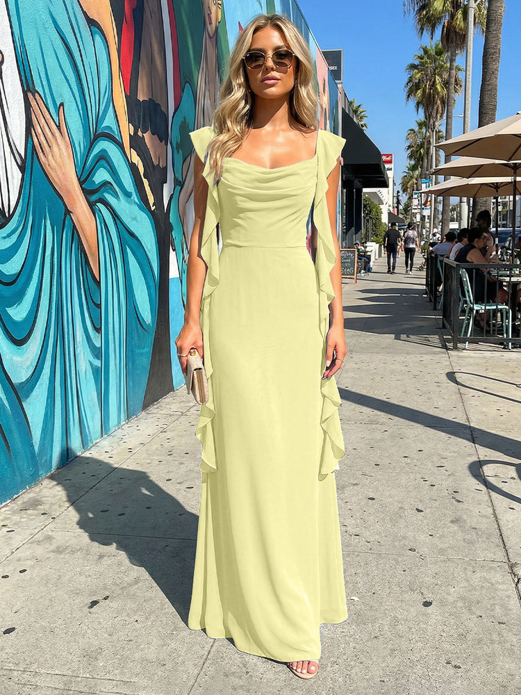 Chiffon Ruffles A Line Spaghetti Straps Long Bridesmaid Dresses