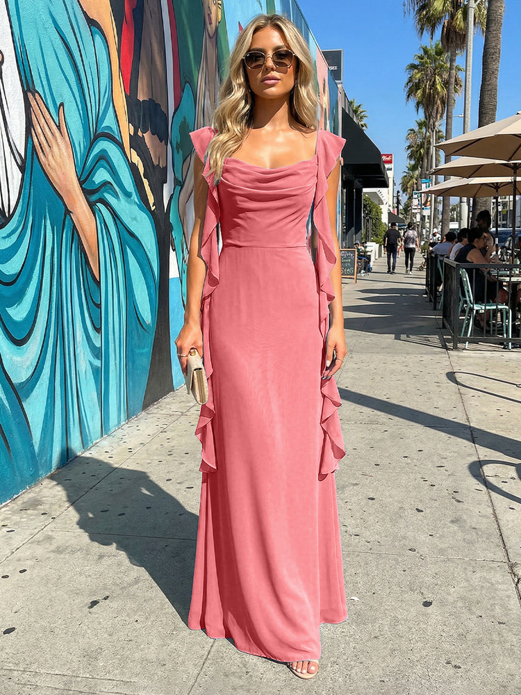 Chiffon Ruffles A Line Spaghetti Straps Long Bridesmaid Dresses