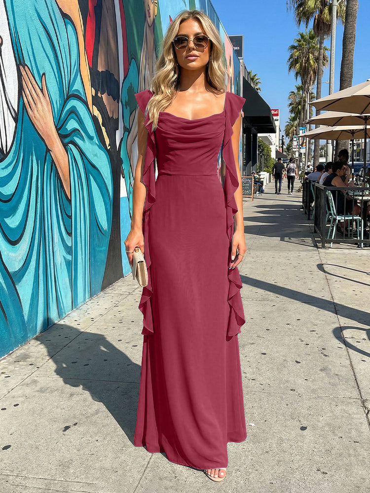 Chiffon Ruffles A Line Spaghetti Straps Long Bridesmaid Dresses