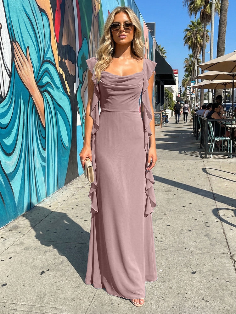 Chiffon Ruffles A Line Spaghetti Straps Long Bridesmaid Dresses