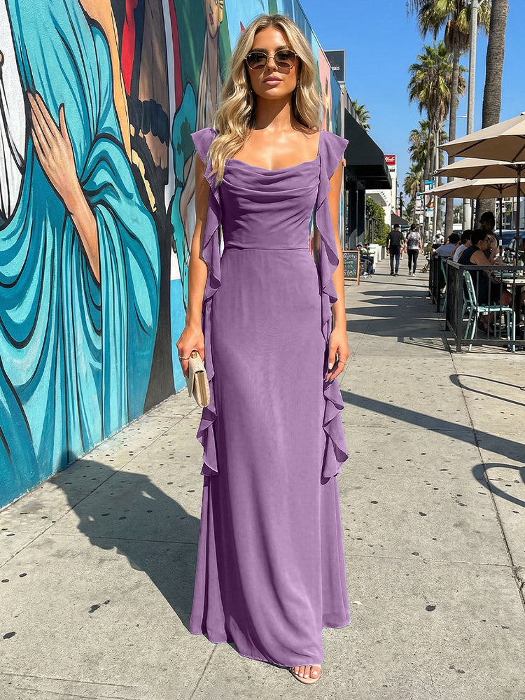 Chiffon Ruffles A Line Spaghetti Straps Long Bridesmaid Dresses