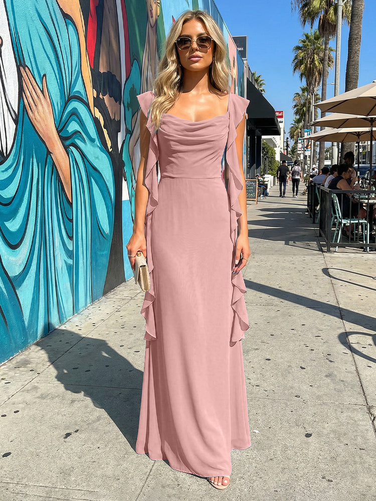 Chiffon Ruffles A Line Spaghetti Straps Long Bridesmaid Dresses