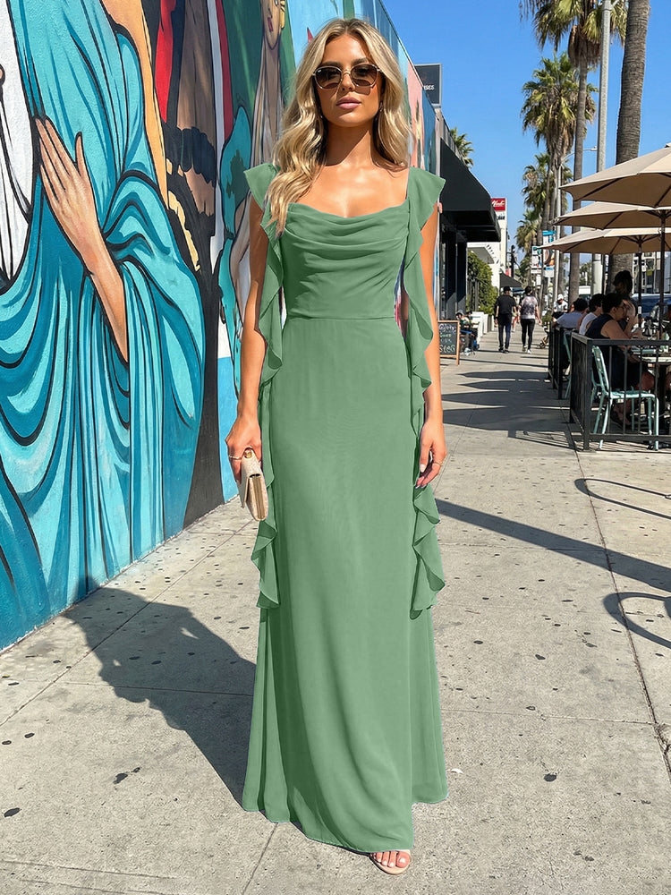 Chiffon Ruffles A Line Spaghetti Straps Long Bridesmaid Dresses