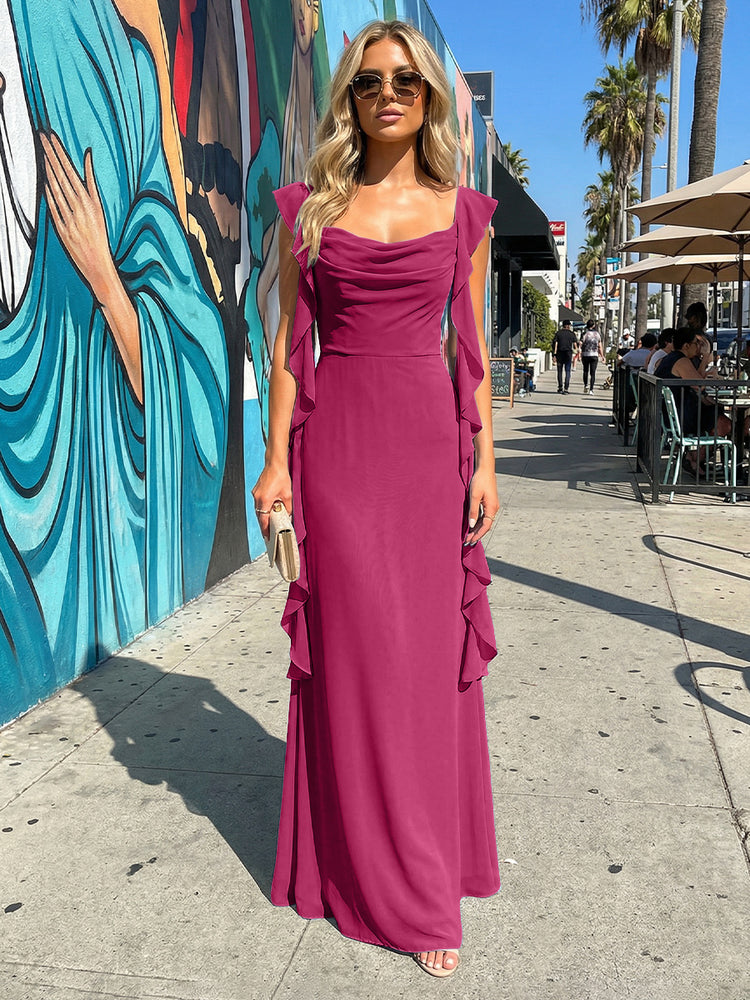 Chiffon Ruffles A Line Spaghetti Straps Long Bridesmaid Dresses