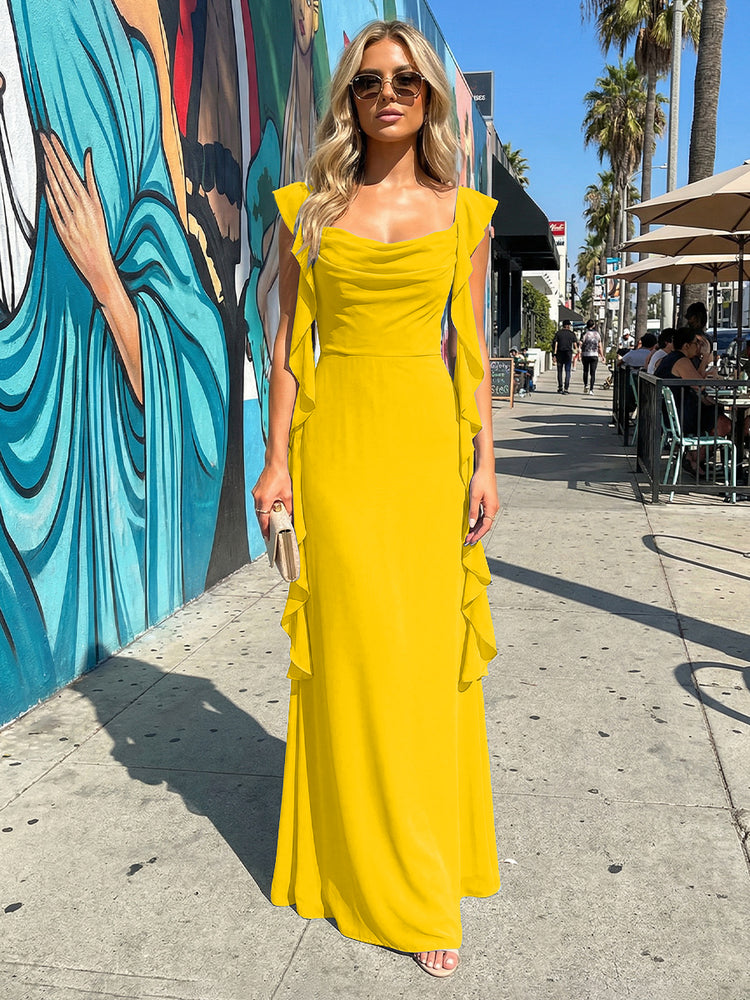 Chiffon Ruffles A Line Spaghetti Straps Long Bridesmaid Dresses