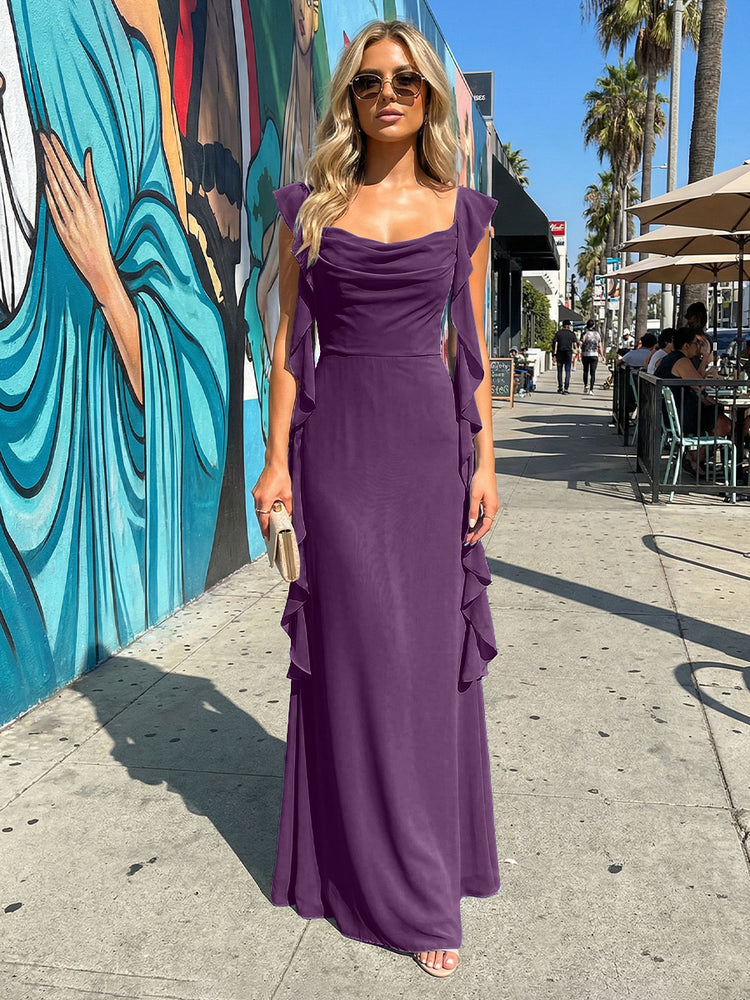 Chiffon Ruffles A Line Spaghetti Straps Long Bridesmaid Dresses