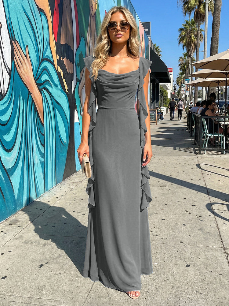 Chiffon Ruffles A Line Spaghetti Straps Long Bridesmaid Dresses