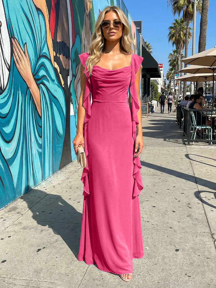 Chiffon Ruffles A Line Spaghetti Straps Long Bridesmaid Dresses