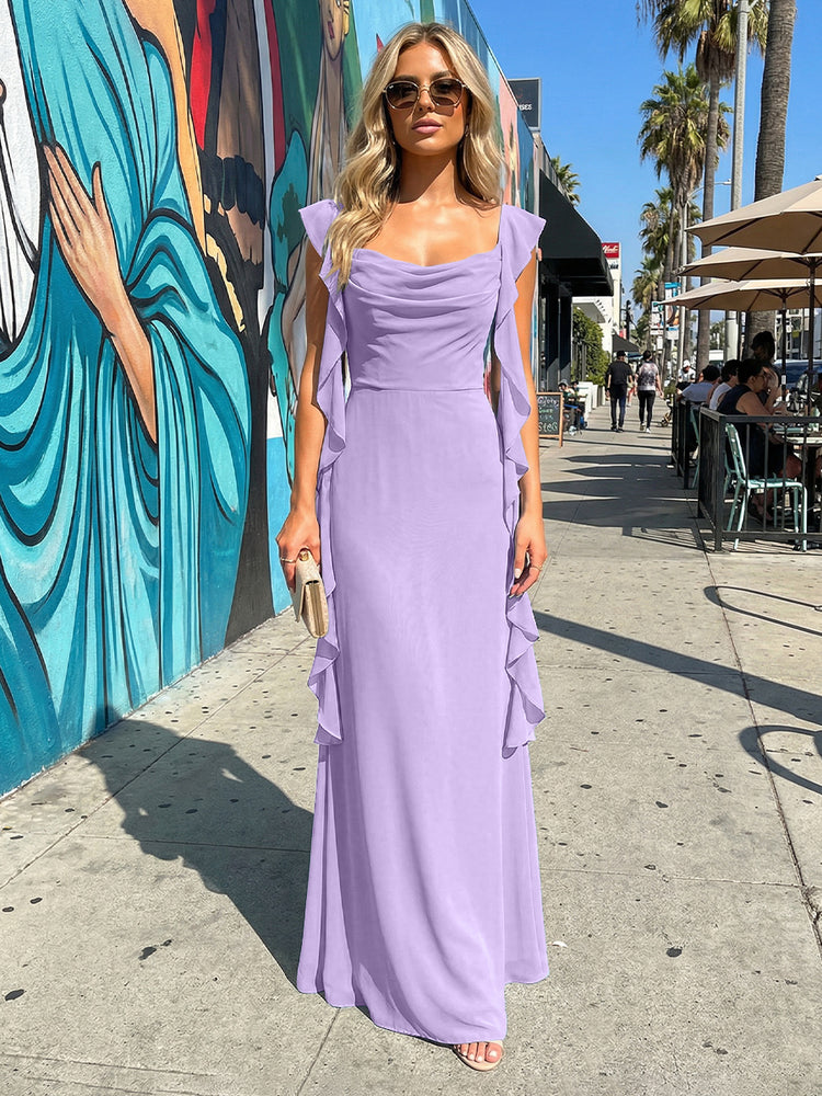 Chiffon Ruffles A Line Spaghetti Straps Long Bridesmaid Dresses