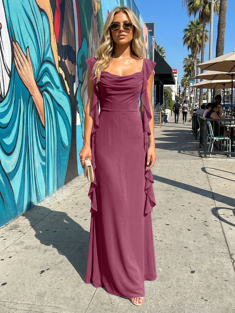 Chiffon Ruffles A Line Spaghetti Straps Long Bridesmaid Dresses