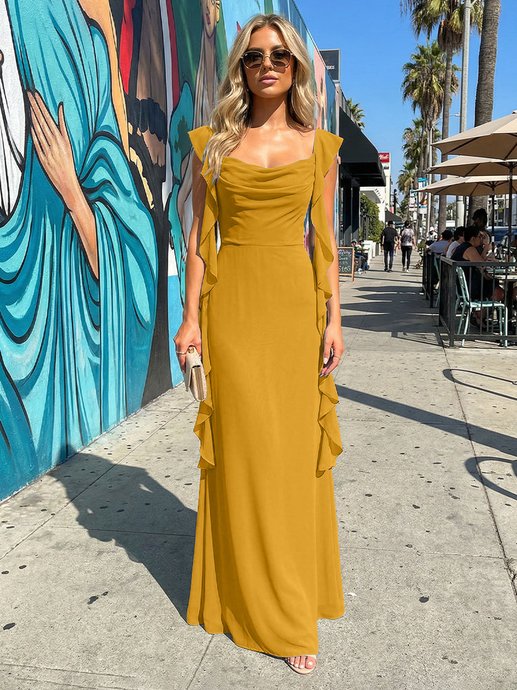 Chiffon Ruffles A Line Spaghetti Straps Long Bridesmaid Dresses