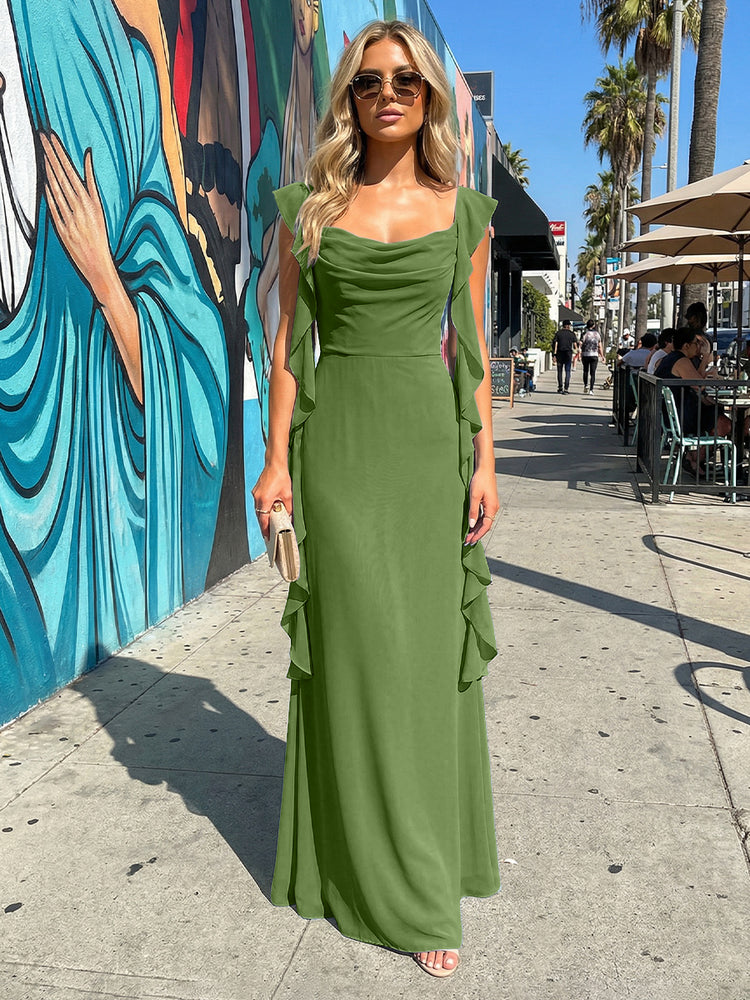 Chiffon Ruffles A Line Spaghetti Straps Long Bridesmaid Dresses