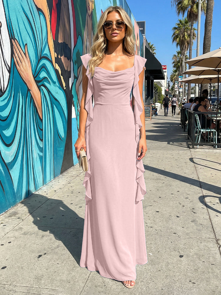 Chiffon Ruffles A Line Spaghetti Straps Long Bridesmaid Dresses