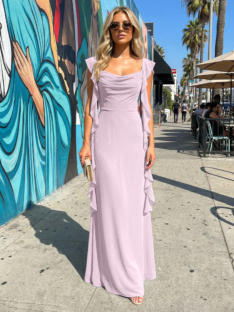 Chiffon Ruffles A Line Spaghetti Straps Long Bridesmaid Dresses