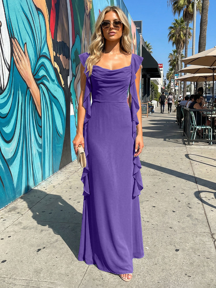 Chiffon Ruffles A Line Spaghetti Straps Long Bridesmaid Dresses