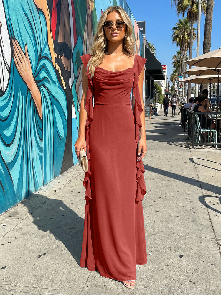 Chiffon Ruffles A Line Spaghetti Straps Long Bridesmaid Dresses
