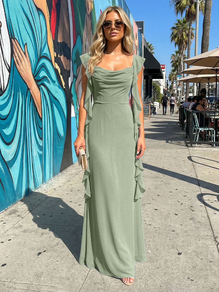 Chiffon Ruffles A Line Spaghetti Straps Long Bridesmaid Dresses