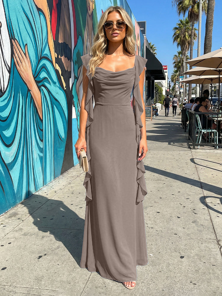 Chiffon Ruffles A Line Spaghetti Straps Long Bridesmaid Dresses