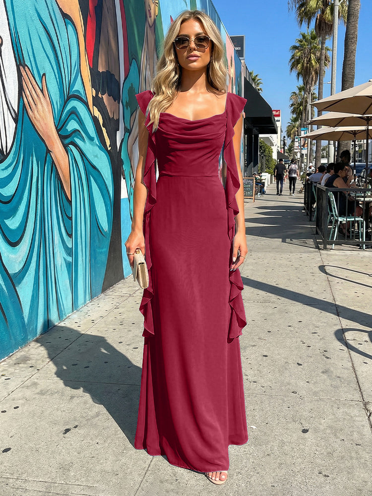 Chiffon Ruffles A Line Spaghetti Straps Long Bridesmaid Dresses