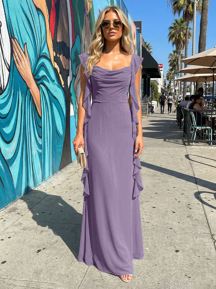 Chiffon Ruffles A Line Spaghetti Straps Long Bridesmaid Dresses
