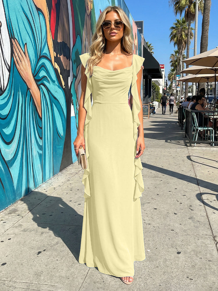 Chiffon Ruffles A Line Spaghetti Straps Long Bridesmaid Dresses
