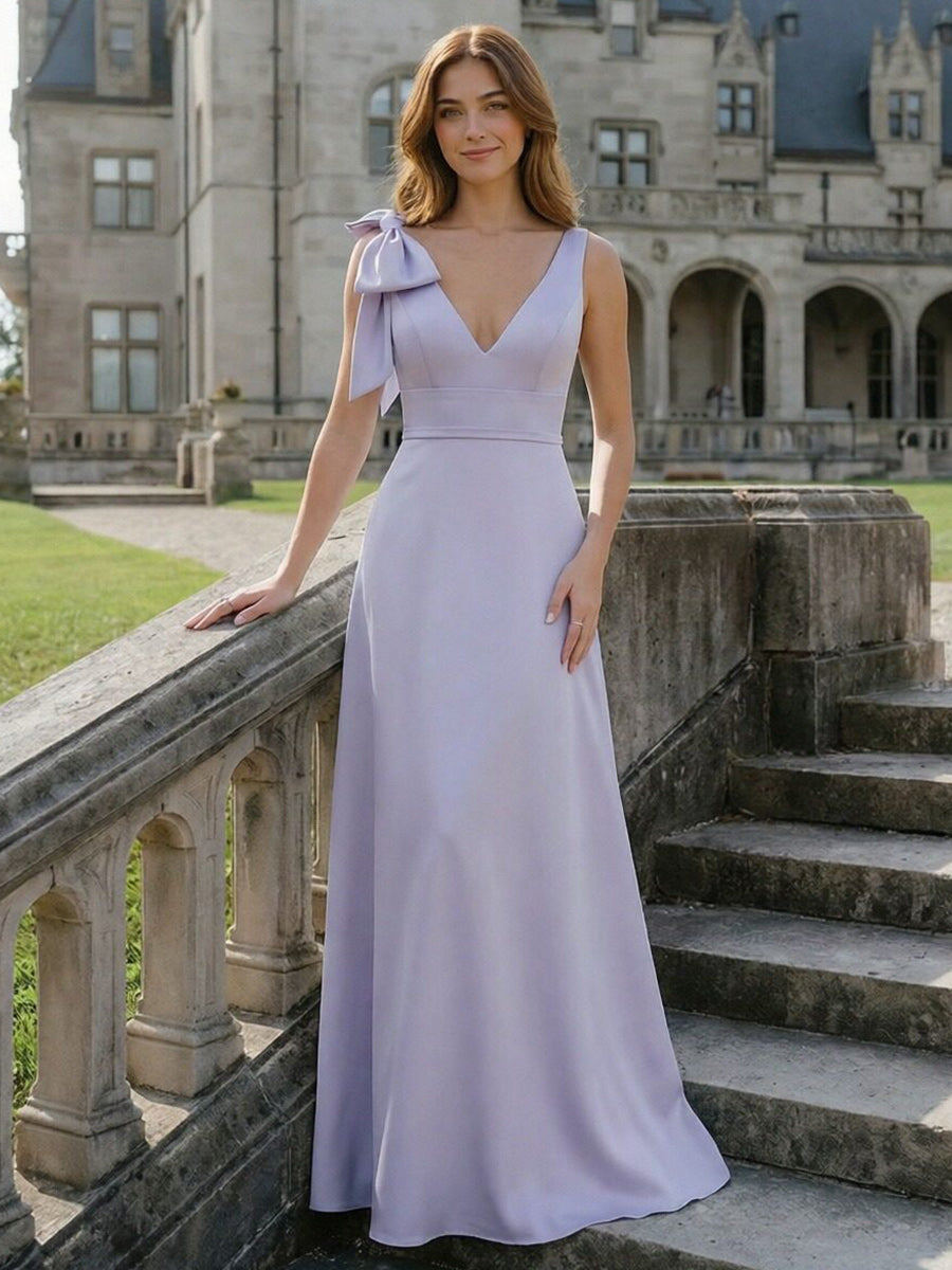 One Shoulder V Neck Bridesmaid Dresses with Bow