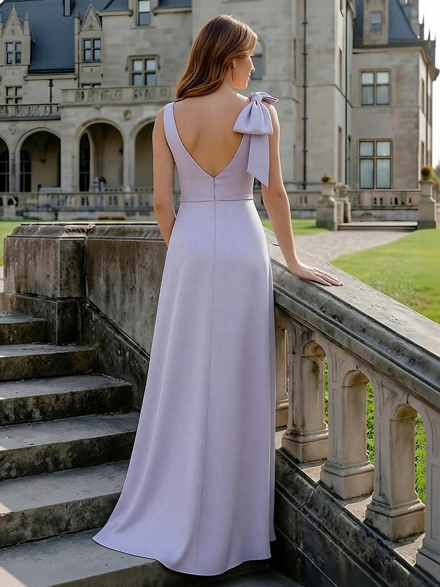 One Shoulder V Neck Bridesmaid Dresses with Bow