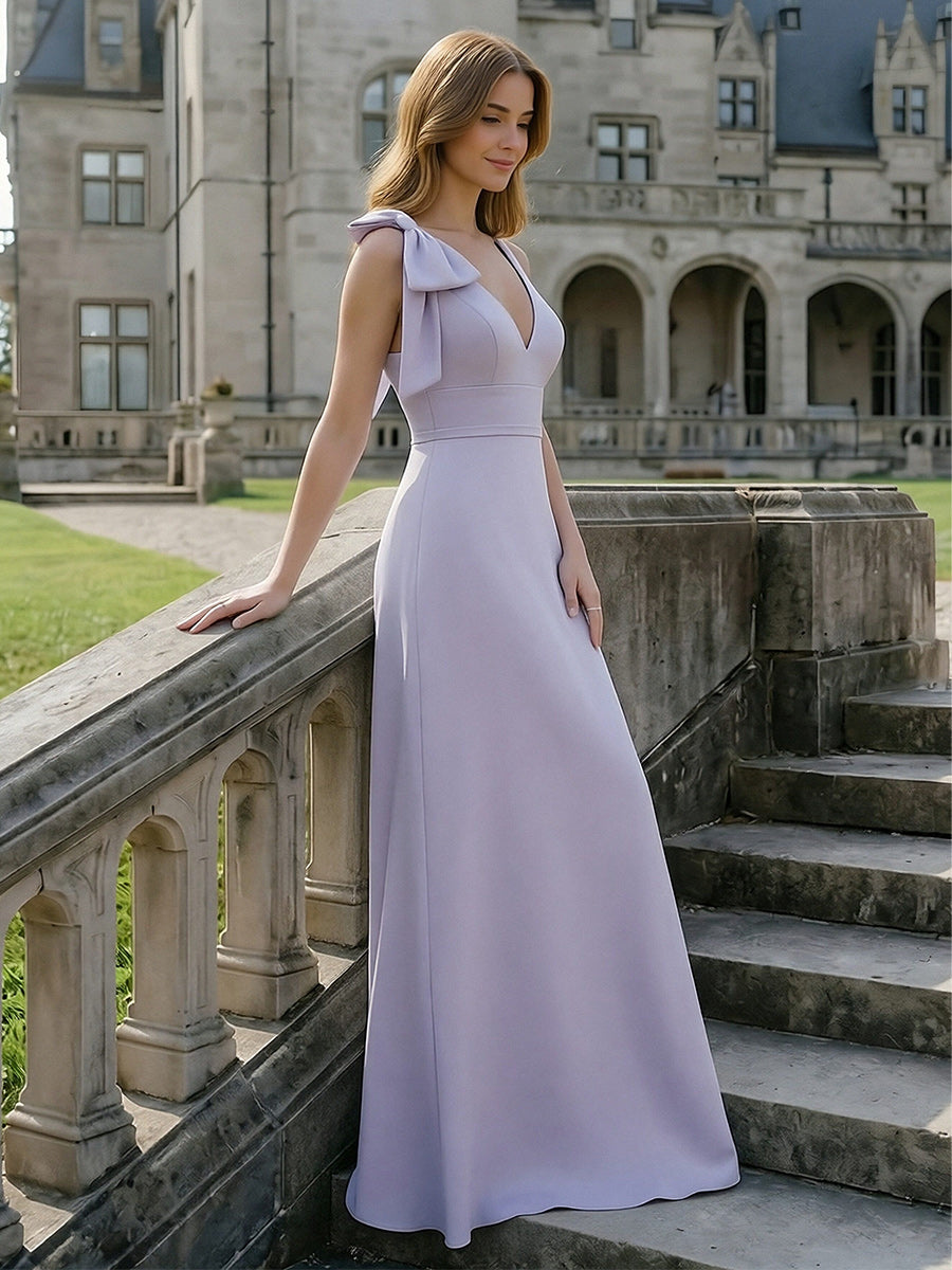 One Shoulder V Neck Bridesmaid Dresses with Bow