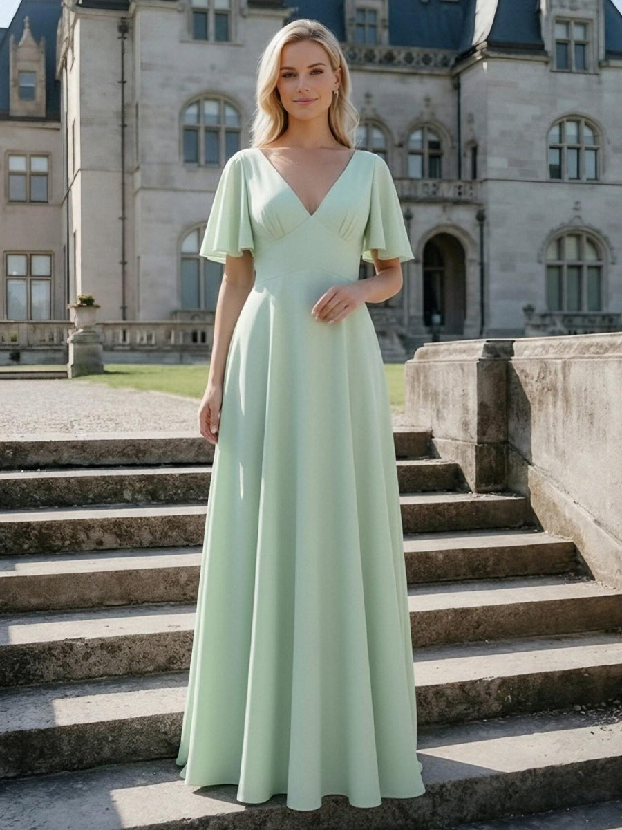 V Neck Short Sleeves A Line Bridesmaid Dresses