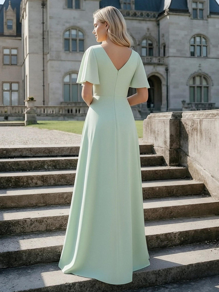 V Neck Short Sleeves A Line Bridesmaid Dresses