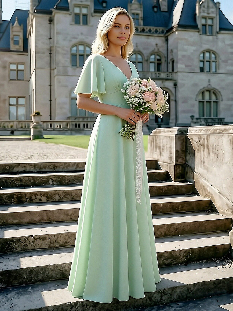 V Neck Short Sleeves A Line Bridesmaid Dresses