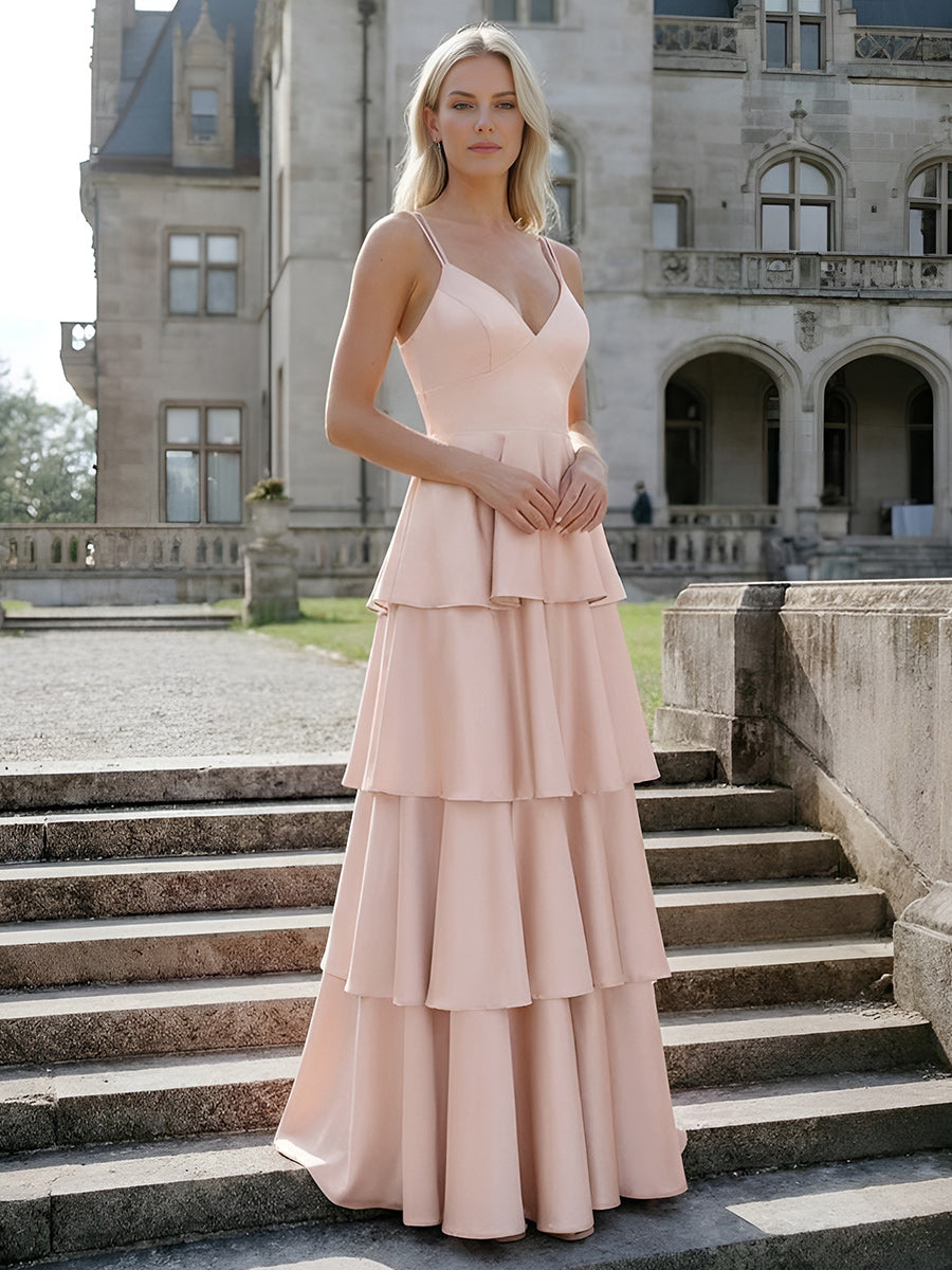 V Neck Sleeveless A Line Bridesmaid Dresses with Tiered