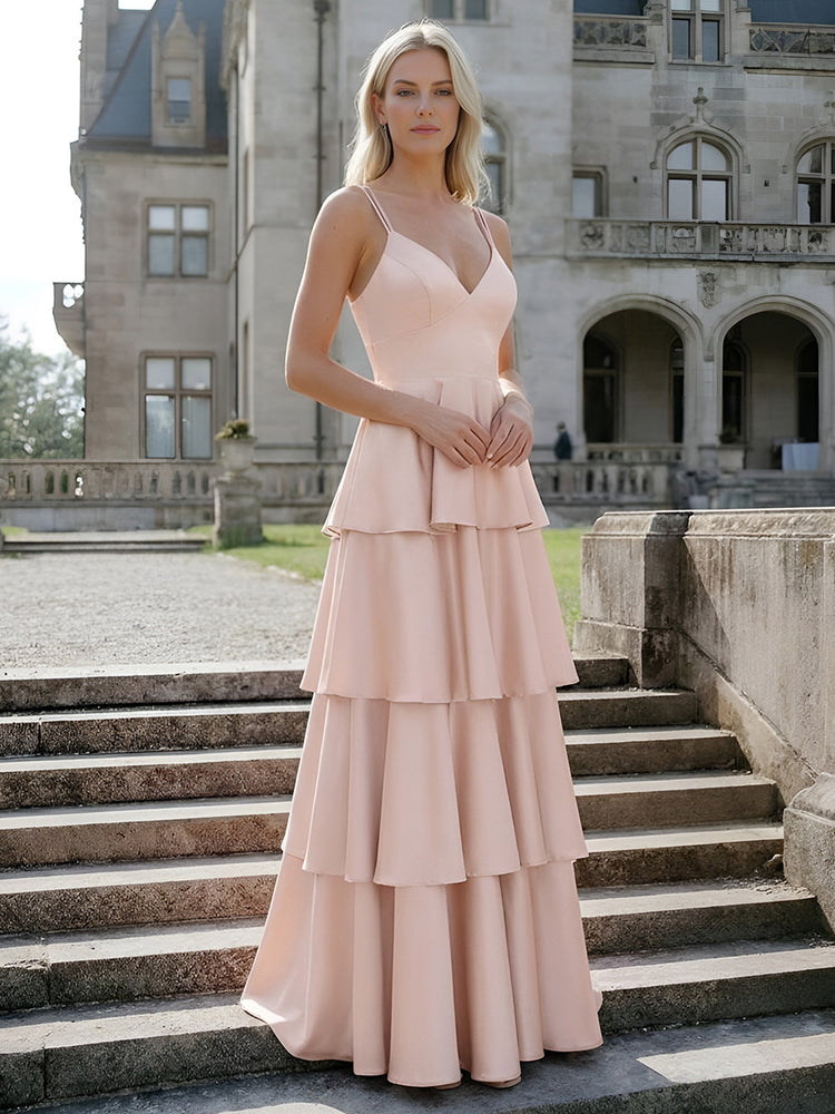 V Neck Sleeveless A Line Bridesmaid Dresses with Tiered
