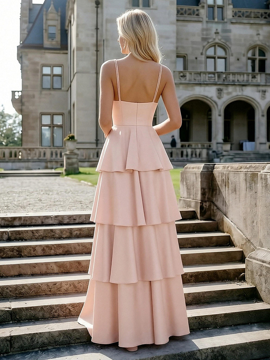 V Neck Sleeveless A Line Bridesmaid Dresses with Tiered