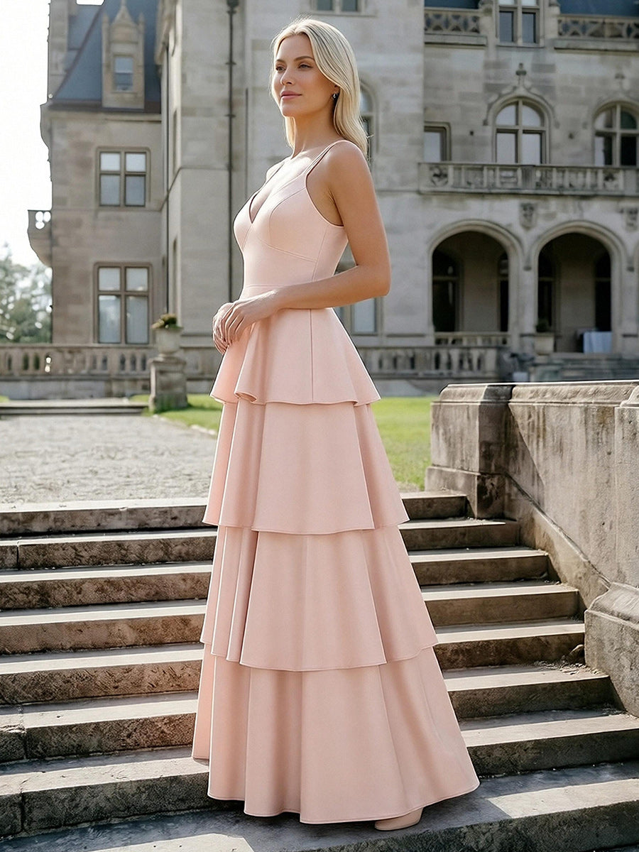 V Neck Sleeveless A Line Bridesmaid Dresses with Tiered